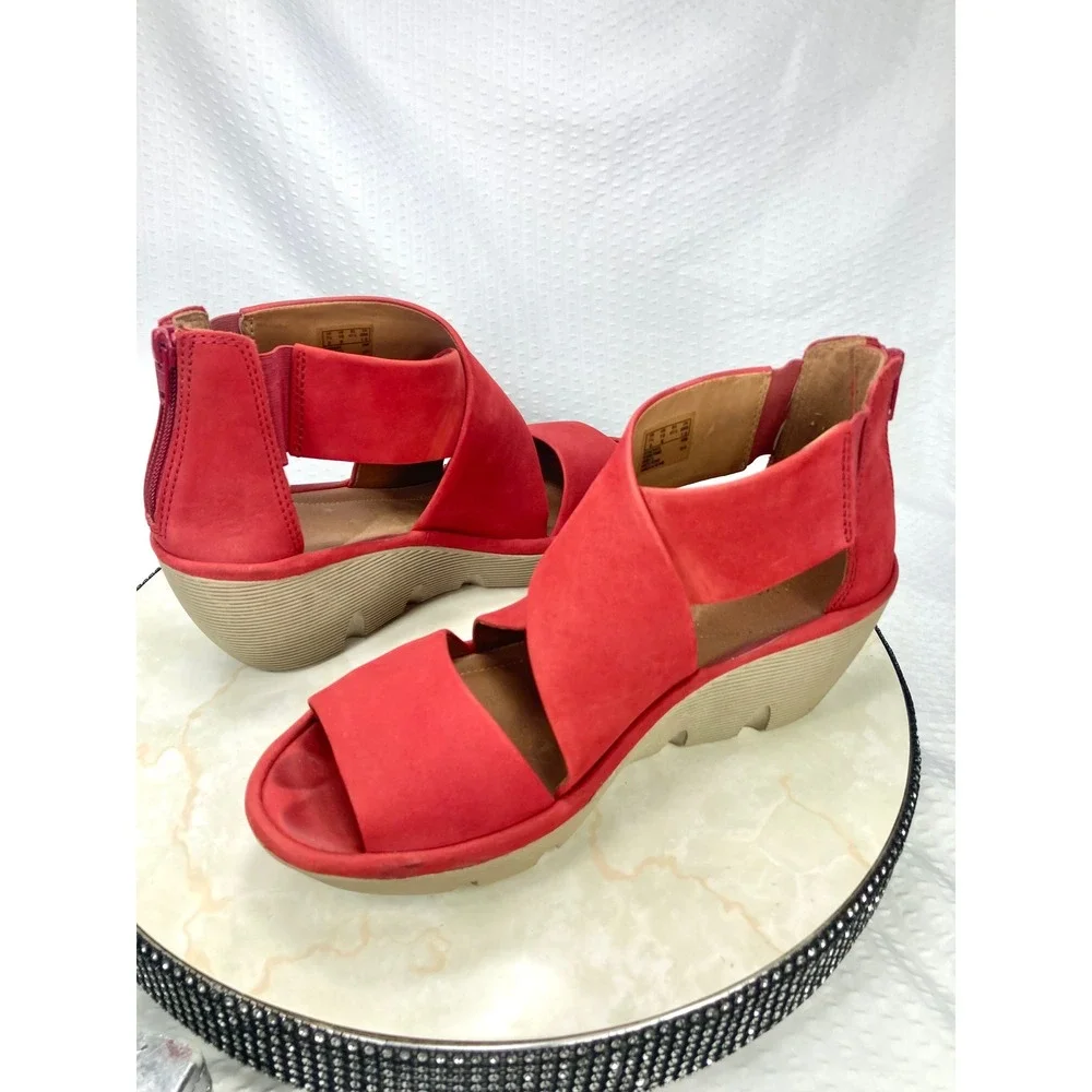 Clarks Artisan Clarene Glamor Wedge Sandals Womens 10 Red Back Zip Platform Heel